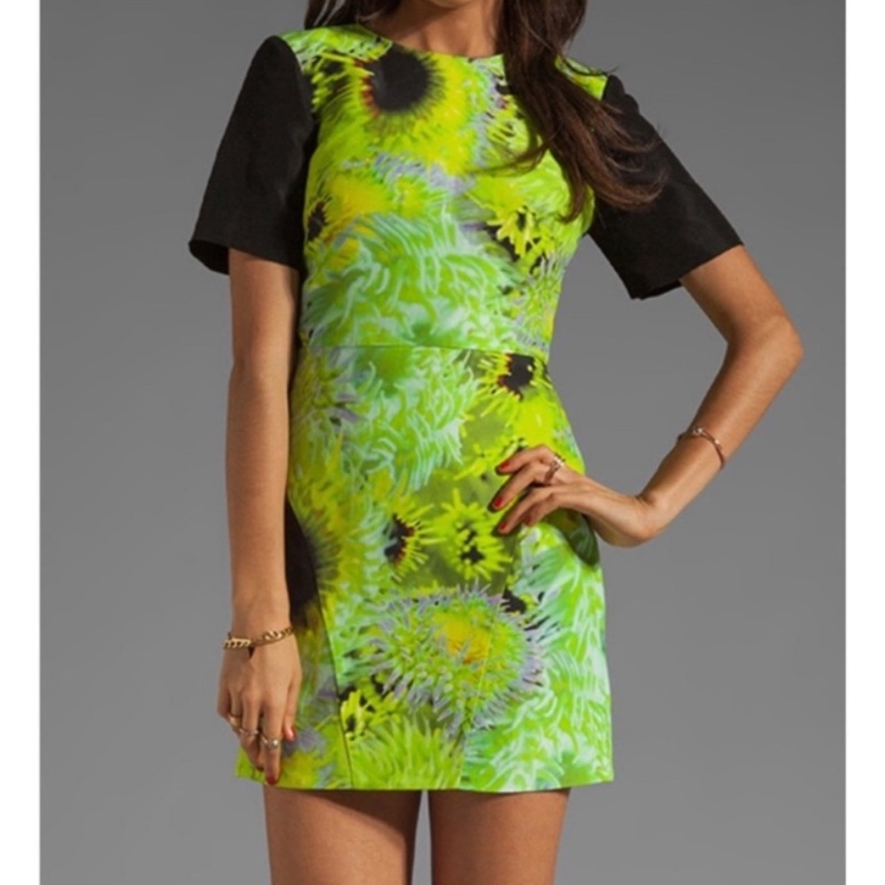 Tibi Neon Green and Black Mini Dress